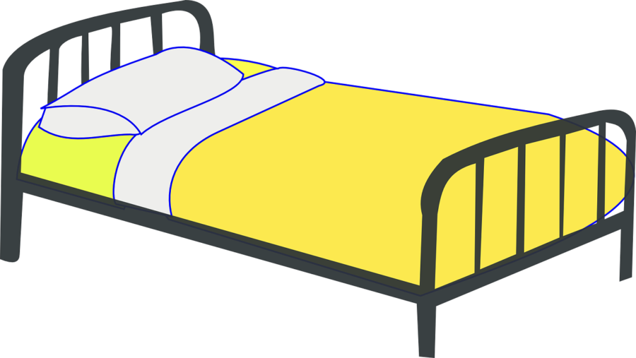 Stilisiertes Bett mit schwarzem Rahmen und gelber Bettdecke